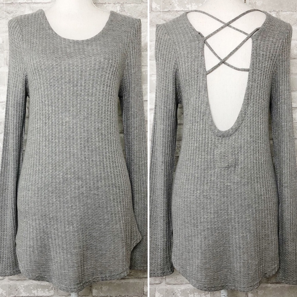 CHASER Gray Waffle Knit Longsleeve Tunic Top with Criss Cross Low Back Medium - Picture 1 of 15